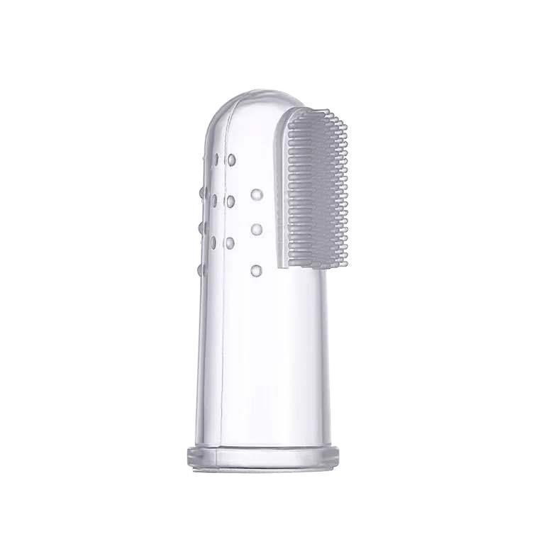 Transparent silicone pet finger toothbrush with textured bristles and raised dots for grip