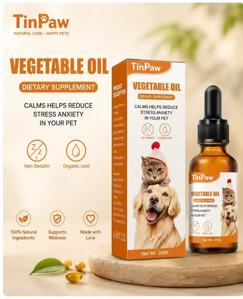 TinPaw Vegetable Oil dietary supplement for pets, showing an amber dropper bottle, its orange-and-white retail box, and marketing text on a warm beige background with a wooden tray and small olive-like capsules.