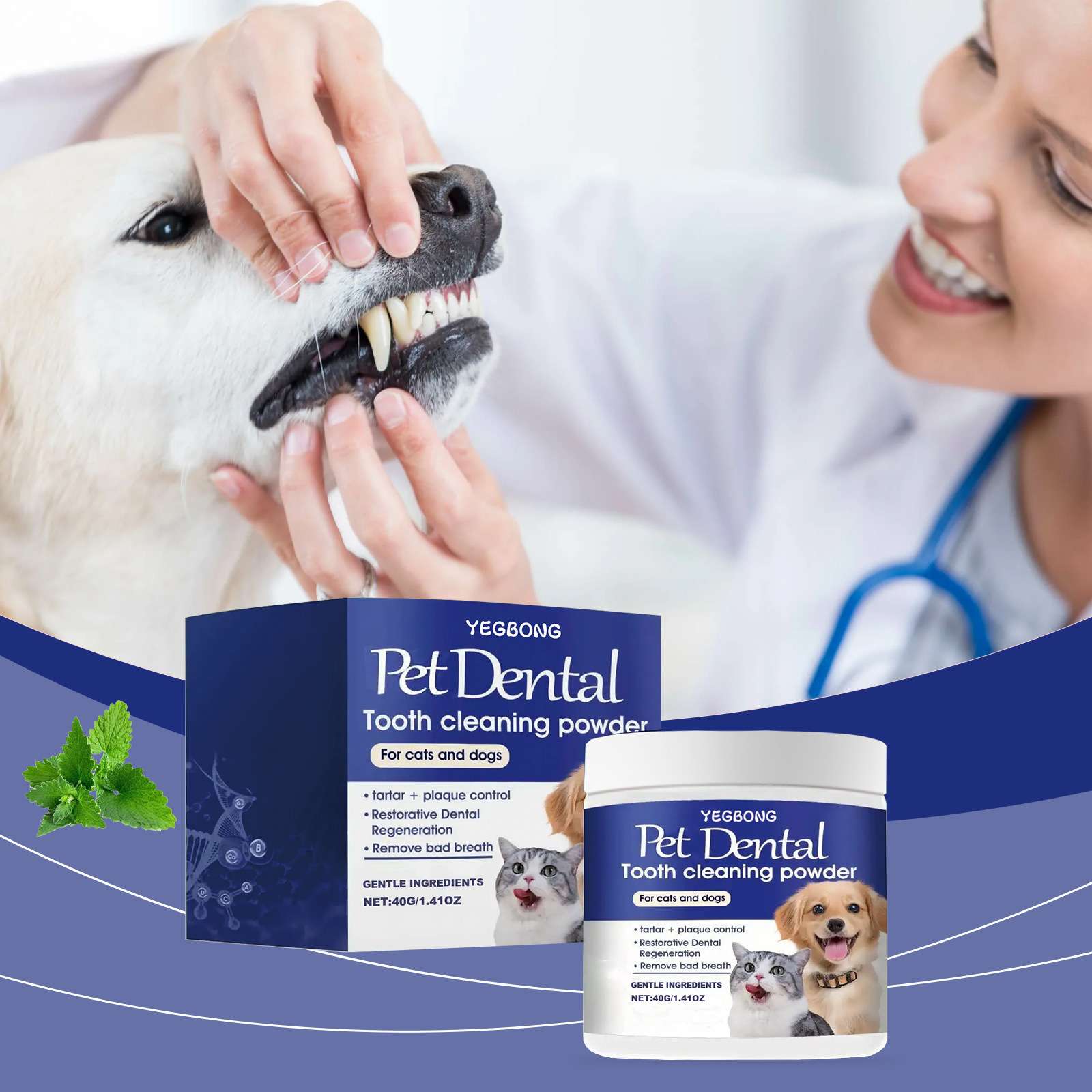 Pet dental cleaning powder in a white container with a blue label, featuring dogs and a cat on the packaging.
