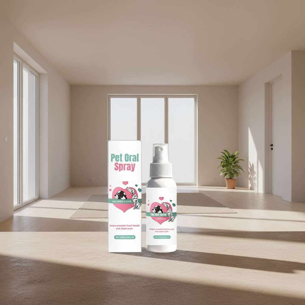 Pet dental spray bottle with a box, placed in a bright room with large windows and a plant.