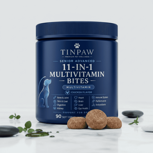 TinPaw 11-in-1 multivitamin bites tin with chicken-flavored soft chews