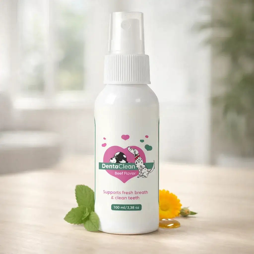White spray bottle with a pink label featuring a dog and cat, labeled 'DentaClean Beef Flavor', 100 ml