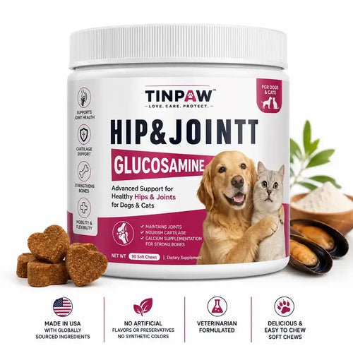 A white plastic tub of TINPAW Hip & Jointt Glucosamine dietary supplement for dogs and cats, shown on a white background with brown chew pieces, mussels, and informational text banners below.