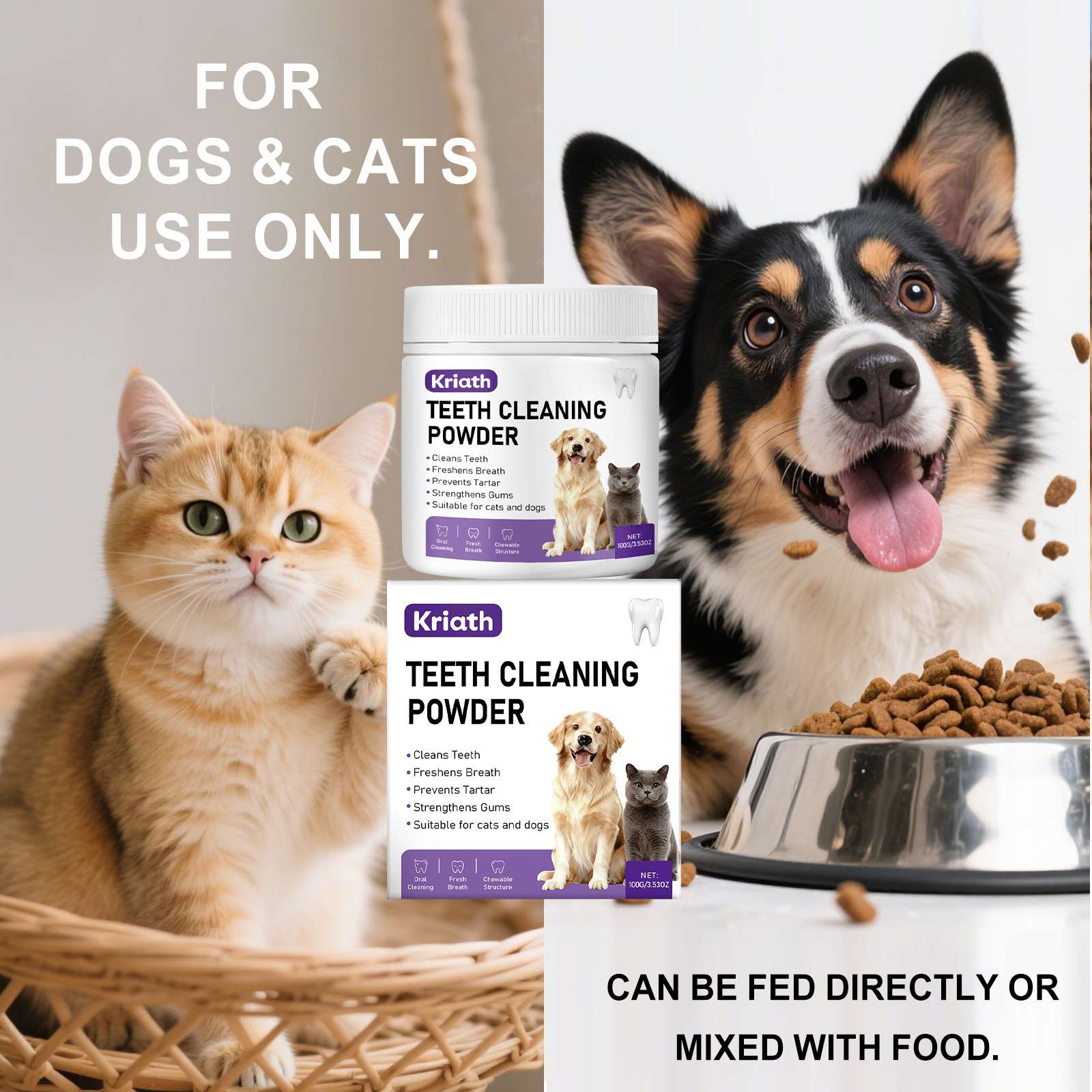 Cat and dog beside a container of teeth cleaning powder on a table, dog looking at a bowl of kibble.