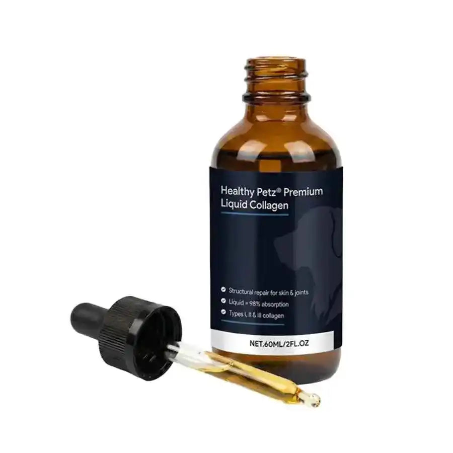 Brown glass bottle with a black dropper, labeled Liquid Collagen for pets, 60 ml, with a clear liquid inside.