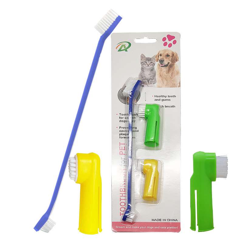 Three silicone pet toothbrushes in blue, yellow, and green, with a packaging featuring a cat and dog.