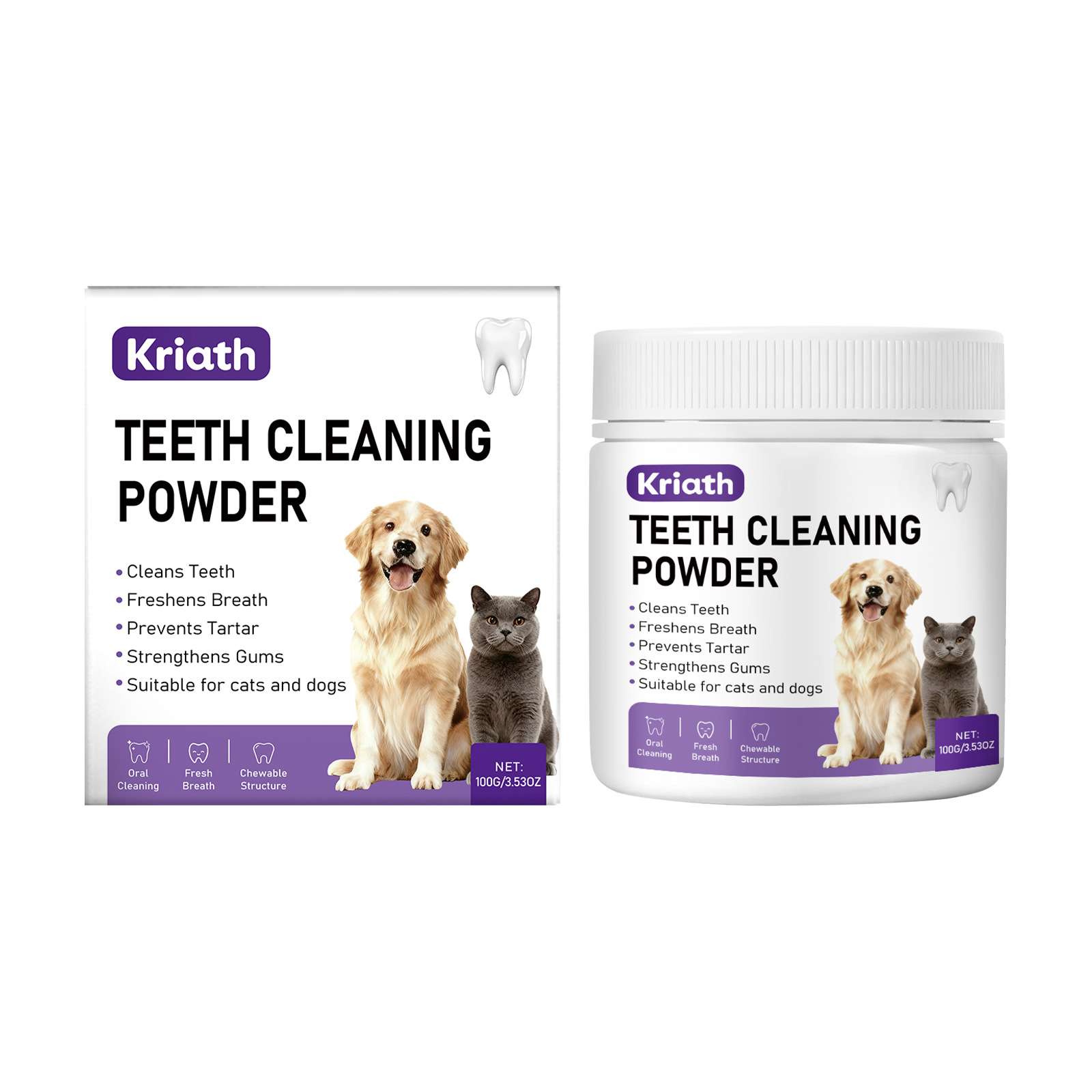 Teeth cleaning powder packaging featuring a dog and cat, labeled for cleaning teeth and freshening breath.