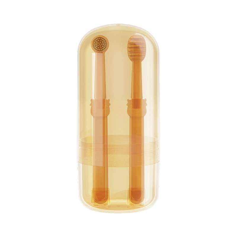 Two silicone pet toothbrushes in a transparent yellow case, designed for gentle gum care.