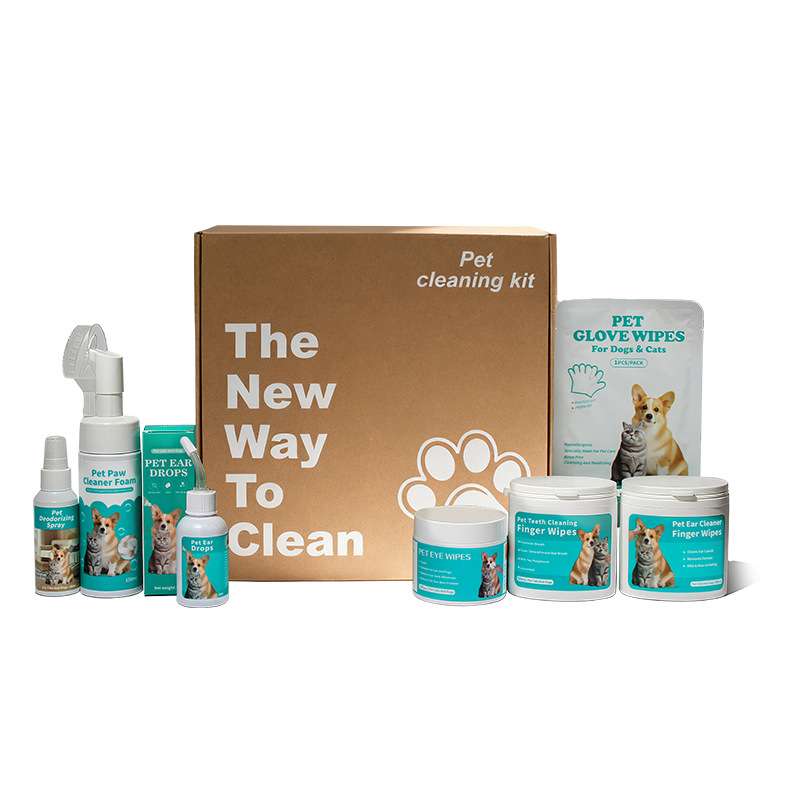 Moisturizing pet fur wipes gift box with various grooming products for dogs and cats, featuring a brown box and colorful