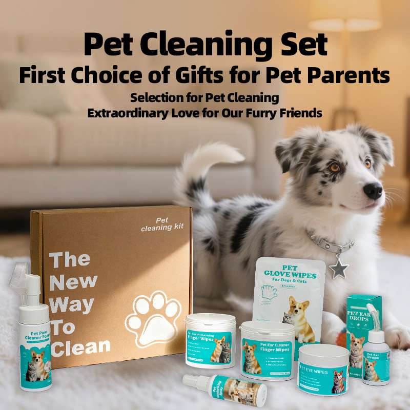 Moisturizing pet fur wipes gift box with dog grooming products, featuring a dog and various cleaning items.