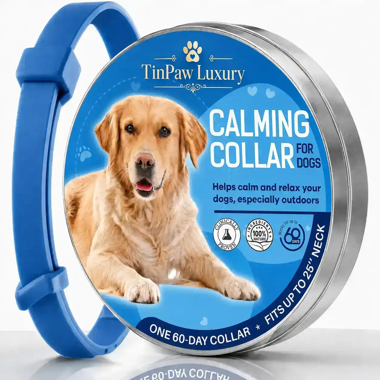 TinPaw Luxury Calming Collar for Dogs in a round silver tin with a blue collar band shown beside it. The label features a golden retriever and text stating it helps calm and relax dogs, fits up to 23 inches, and is one 60-day collar.