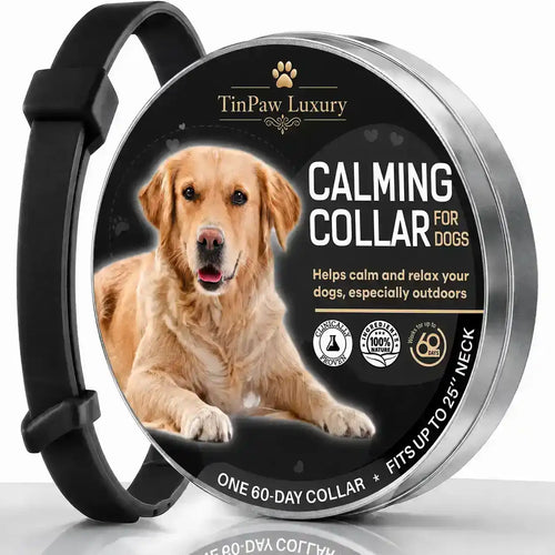 A round metal tin of TinPaw Luxury Calming Collar for Dogs, featuring a black collar with a black plastic buckle and a golden retriever printed on the label. The collar is shown partially extended from the left side of the open tin against a white background.