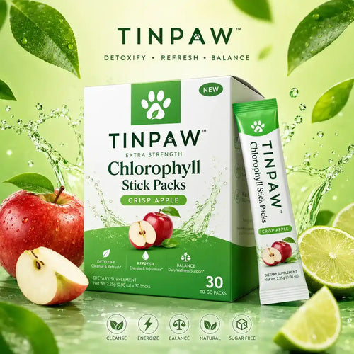 TINPAW Chlorophyll Stick Packs box and single stick pack shown with apple slices, lime wedges, and water droplets on a bright green background. The packaging is white and green with the brand name TINPAW prominently visible.