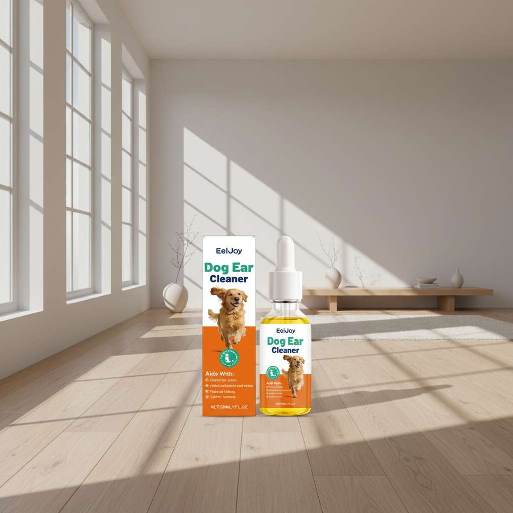 Bottle of dog ear cleaner with a bright orange label, placed on a wooden floor in a well-lit room.