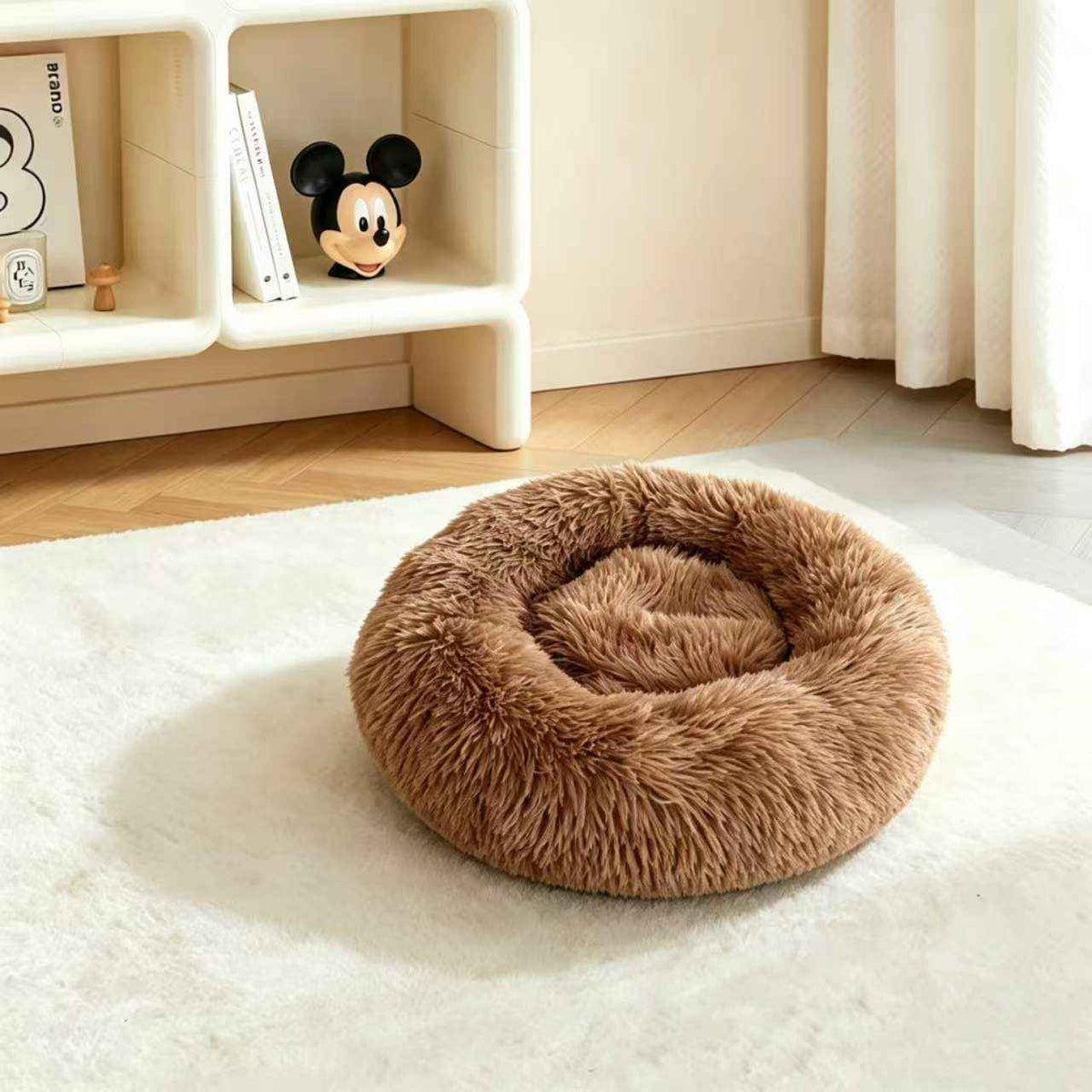 Calming Round Plush Pet Bed for Dogs and Cats - Dog Beds & Furniture - TinPaw - Camel - L - SUPEFDB00003 - A2