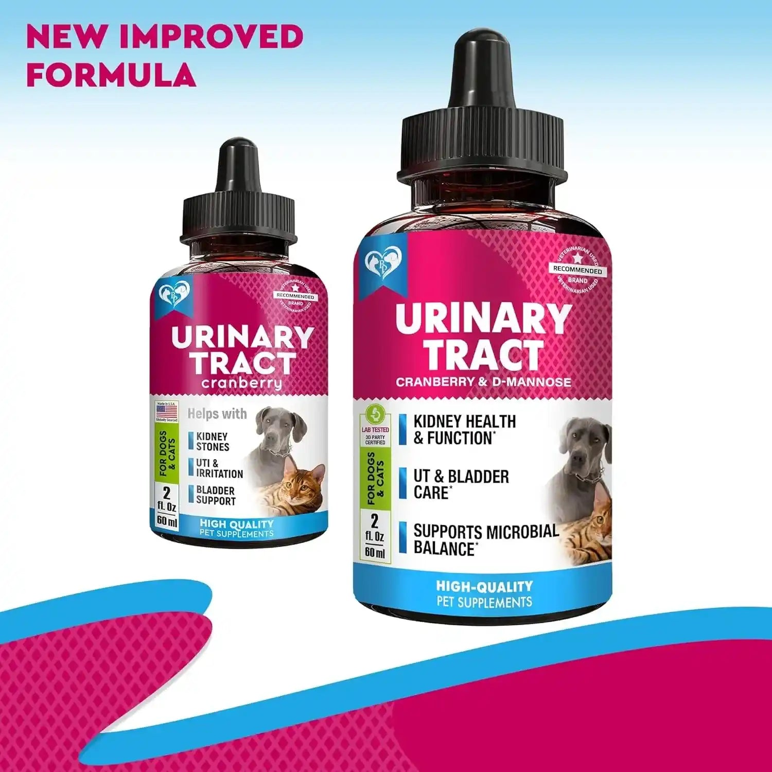 Two bottles of pet care drops with a pink and blue design, labeled for urinary tract health, featuring a cat and dog.
