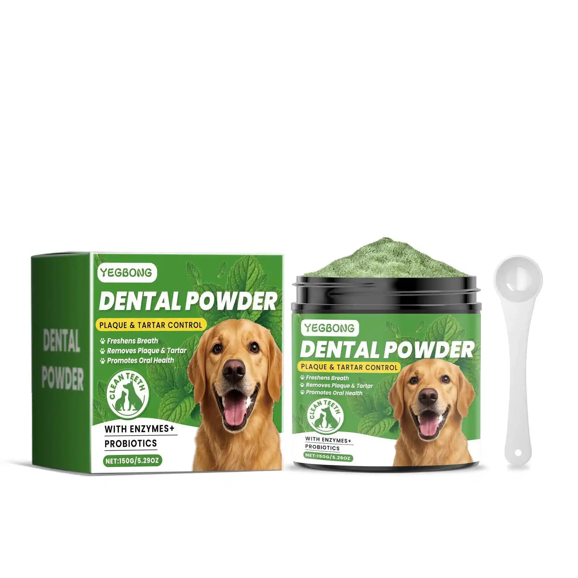 Green dental cleaning powder in a black container with a dog on the label, accompanied by a measuring scoop.