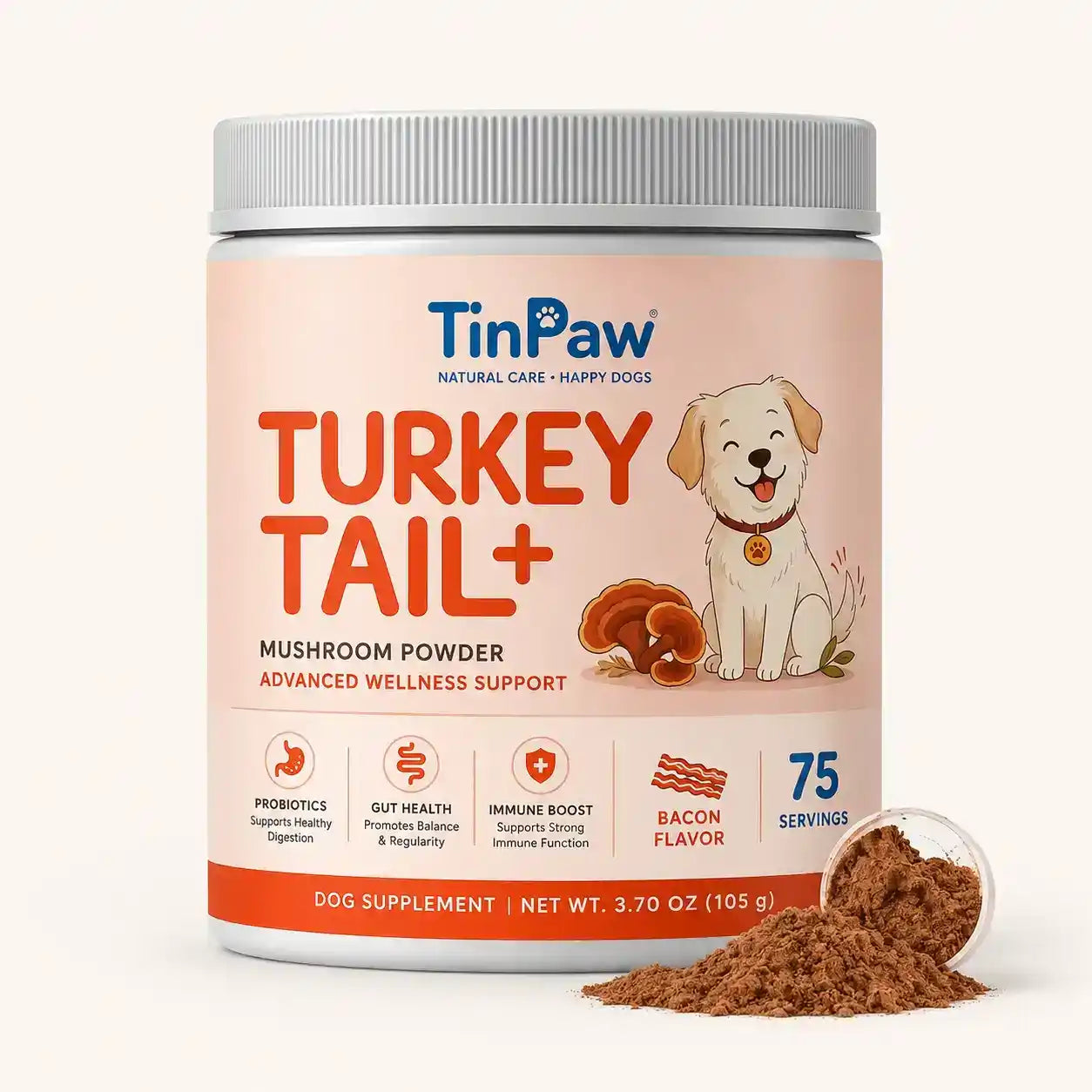 Tin Paw Turkey Tail+ Mushroom Powder dog supplement in a white jar with a pink label, shown on a light beige background with a small pile of brown powder spilled in front.