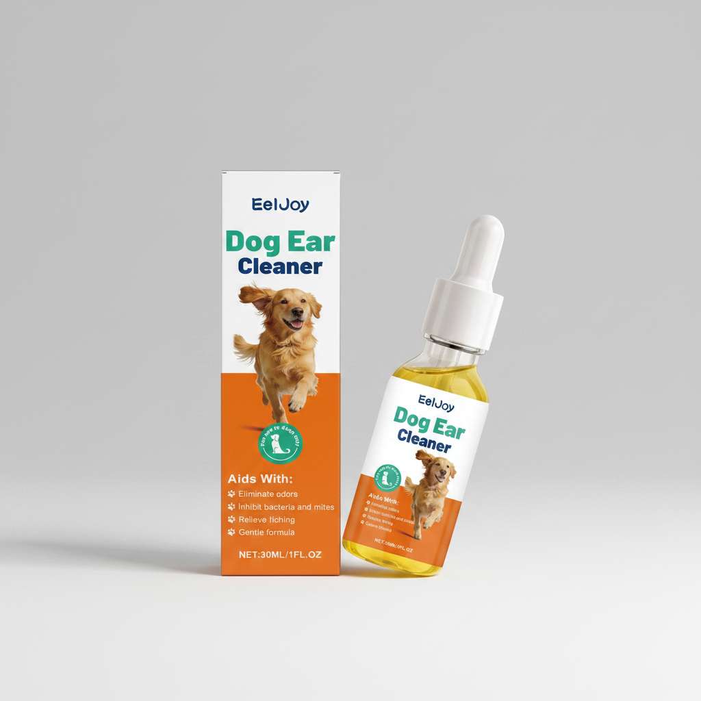 Bottle of dog ear cleaning drops with a dropper, featuring a box with a dog image and text about ear hygiene.
