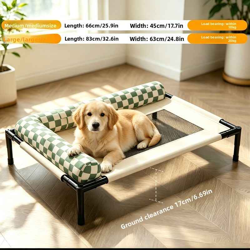 Elevated Breathable Pet Camping Bed – Foldable & Portable - Dog Beds & Furniture - TinPaw - Green White Check Velvet - Large - SUPEFDB00002 - A7