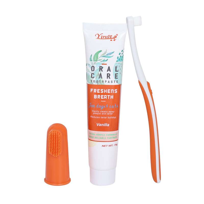 Enzymatic dog toothpaste tube with orange cap and toothbrush, featuring a vanilla scent, by TinPaw.