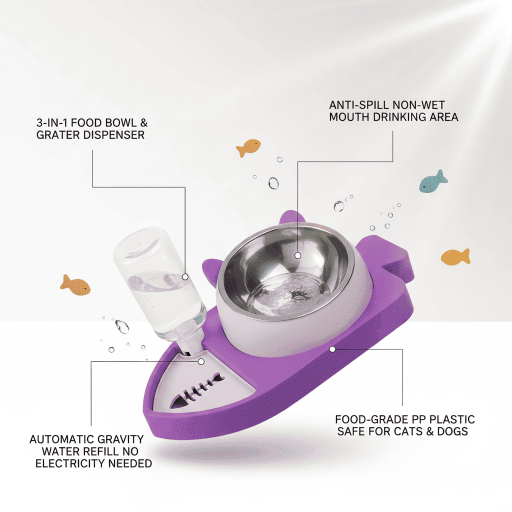 Fish - Shaped Pet Feeder And Water Dispenser – 3 - in - 1 - Slow Feeding Bowl - TinPaw