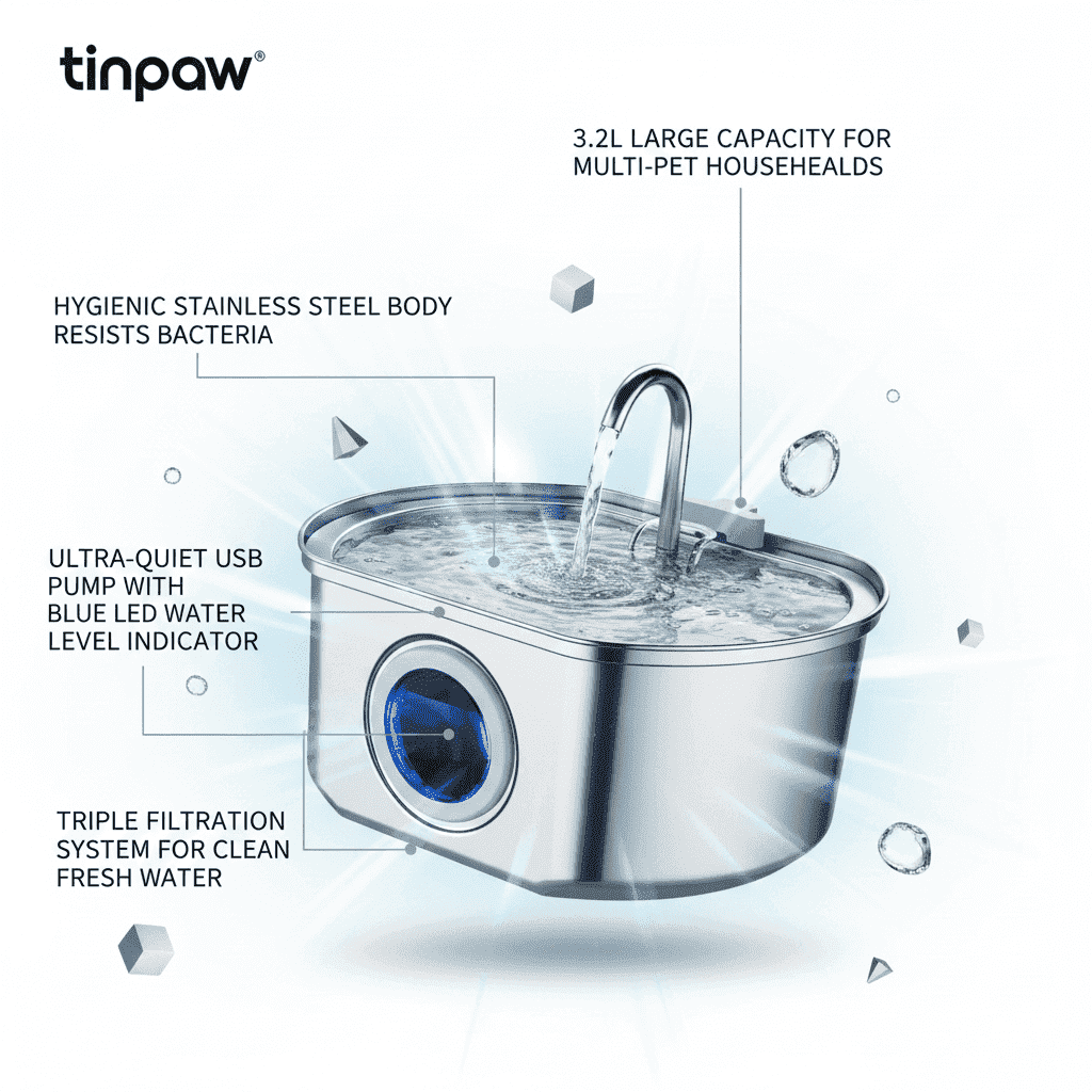 Stainless Steel Cat Water Fountain 3.2L – Ultra - Quiet - Automatic Pet Feeder - TinPaw