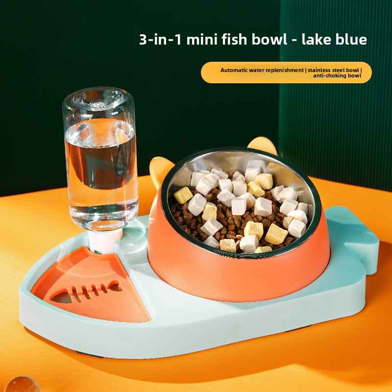 Fish - Shaped Pet Feeder And Water Dispenser – 3 - in - 1 - Slow Feeding Bowl - TinPaw - Blue - SU00158098 - Blue