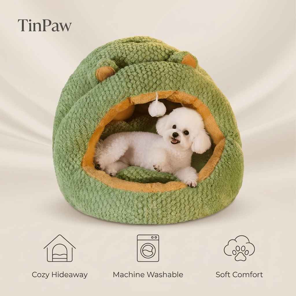 Flannel Semi - Enclosed Pet Bed – Warm Cozy Nest - Dog Beds & Furniture - TinPaw - Green Bear Flannel - L - SU00093601 - Green Bear Flannel - L