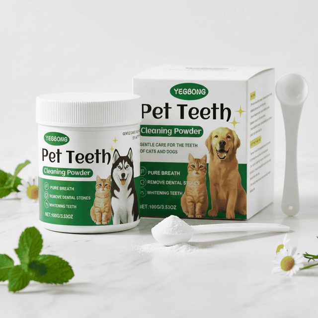 YEG BONG Pet Teeth cleaning powder jars with scoop and white powder on tray