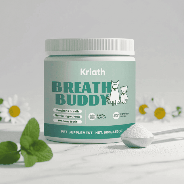 Kriath Breath Buddy pet teeth cleaning powder jar with green label and scoop of powder