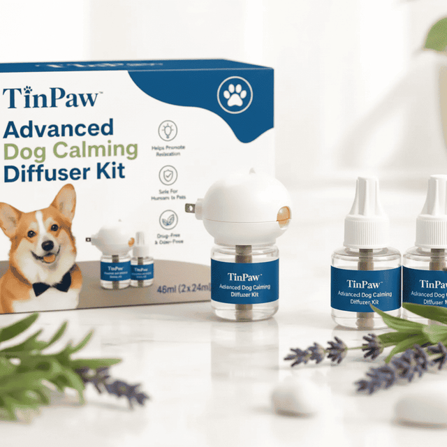 Pet calming diffuser kit with white plug-in diffuser and two blue liquid bottles