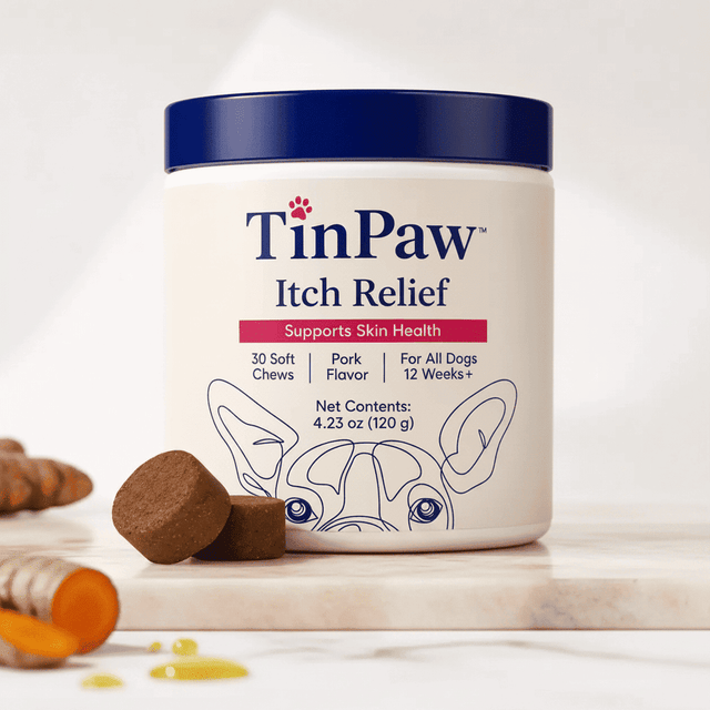 TinPaw Itch Relief chewable tablet jar, blue lid, with brown chew tablets
