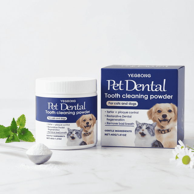 Pet dental tooth cleaning powder jar and box, white cap and blue label