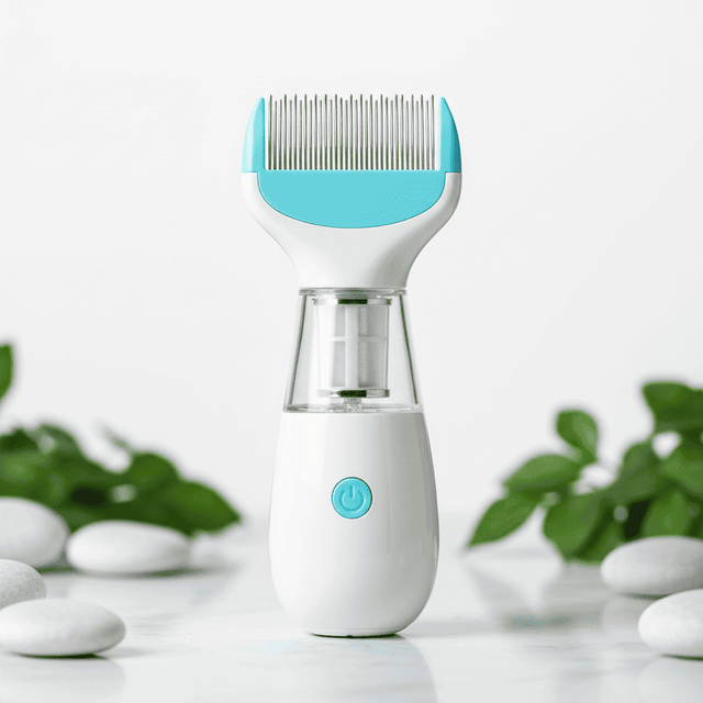 White electric pet lice removal comb with turquoise head and clear filter chamber