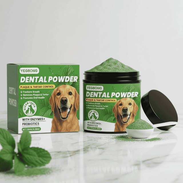 Green dog dental powder pouch and jar with scoop, with dog image on packaging