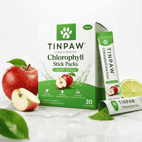 Tin Paw Chlorophyll stick packs for dogs, crisp apple, box and pouch (30 count)
