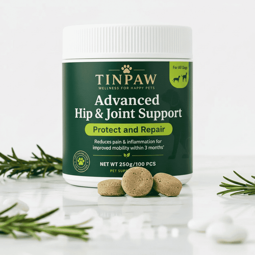 Green TinPaw chewable tablets jar with white lid, with soft chews and herb sprigs