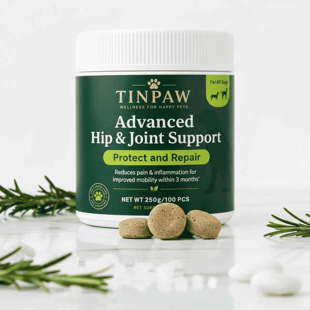 Green TinPaw chewable tablets jar with white lid, with soft chews and herb sprigs