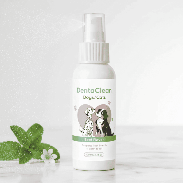 Pet dental spray bottle with DentacClean label, beef flavor, white spray nozzle