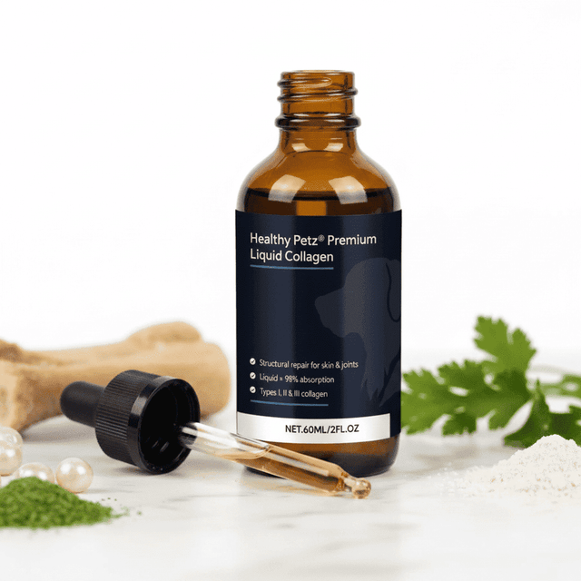 Healthy Petz Premium liquid collagen bottle with black dropper cap and amber liquid