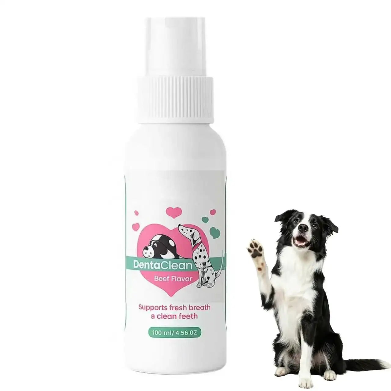 Dental spray bottle with a white and pink label, featuring a dog and cat graphic, alongside a black and white dog.