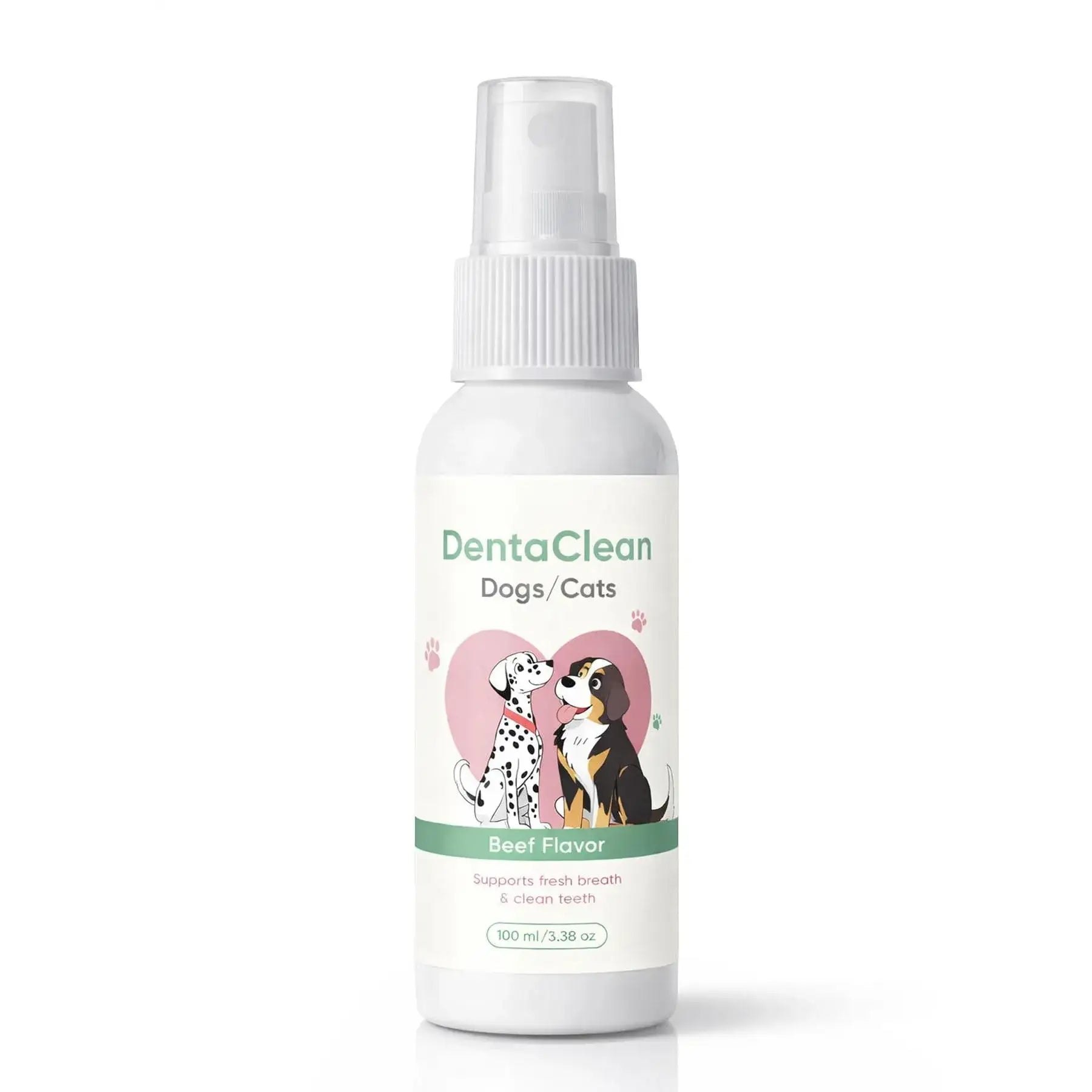 White spray bottle with a pump top, featuring a label with cartoon dogs and a beef flavor indication.