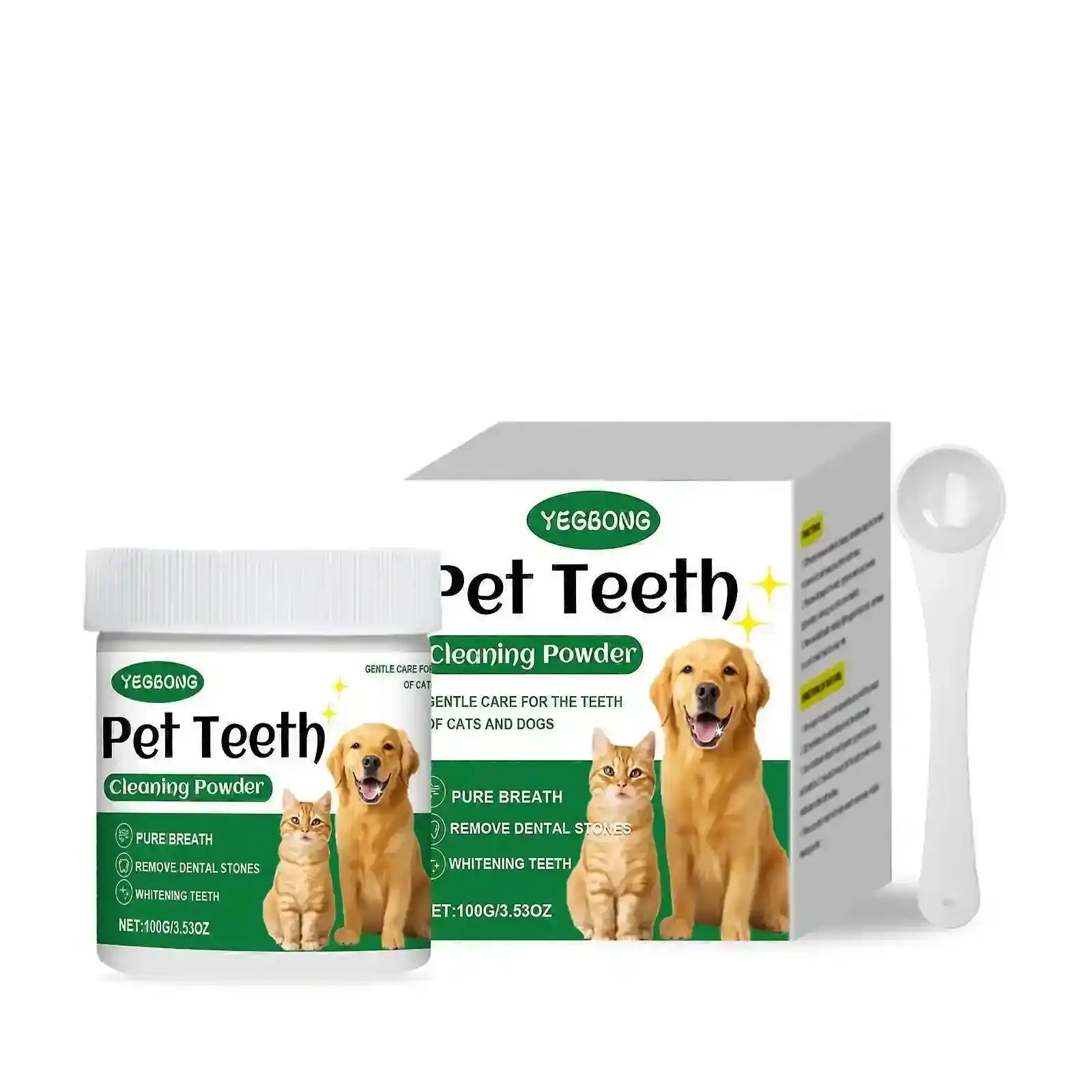 Yeggong Pet Teeth Cleaning Powder shown with its white and green product box, a small white plastic jar, and a white scoop on a plain white background. The packaging features images of a golden retriever and a cat.