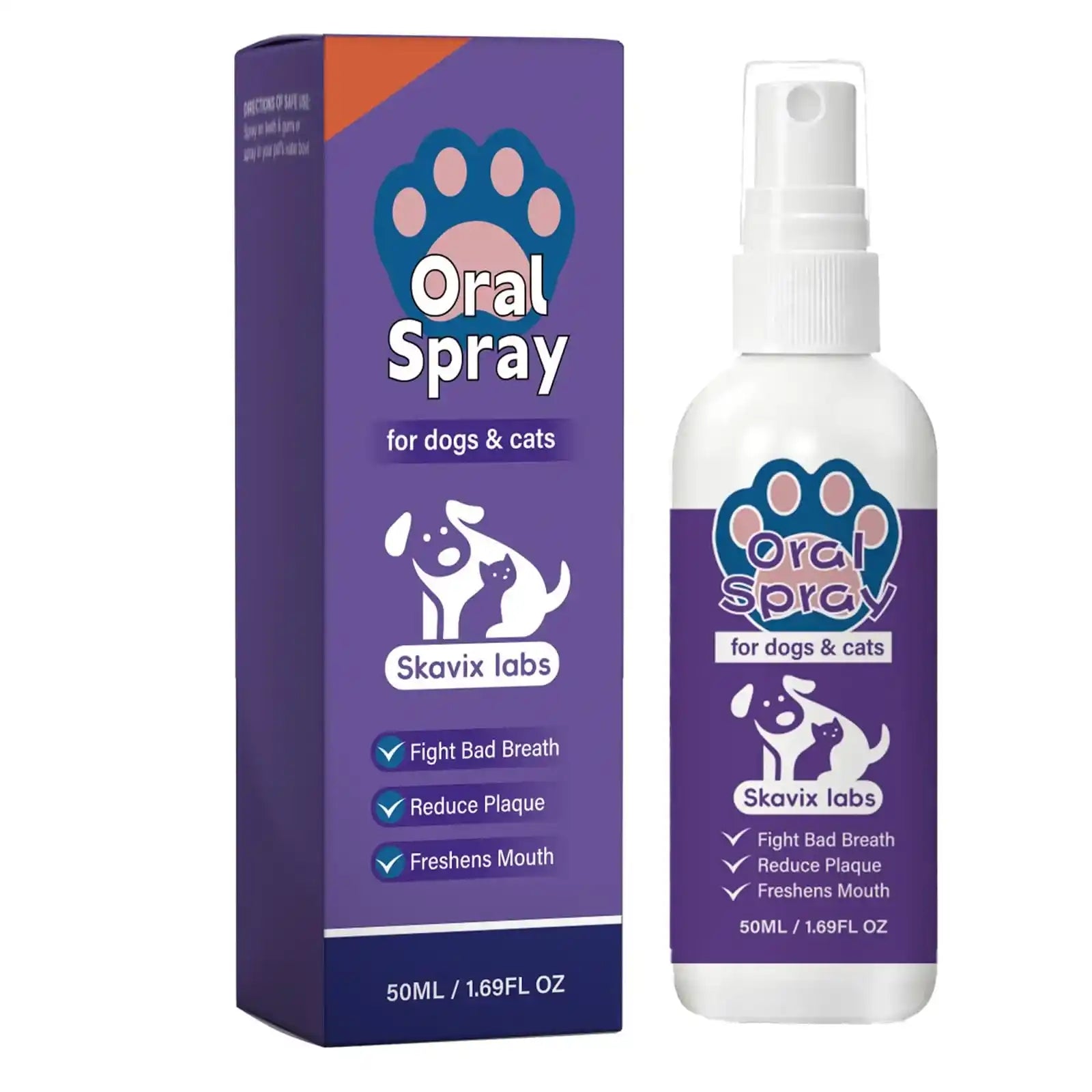 White spray bottle with a purple label, featuring paw print design, for dog dental care. Box packaging included.