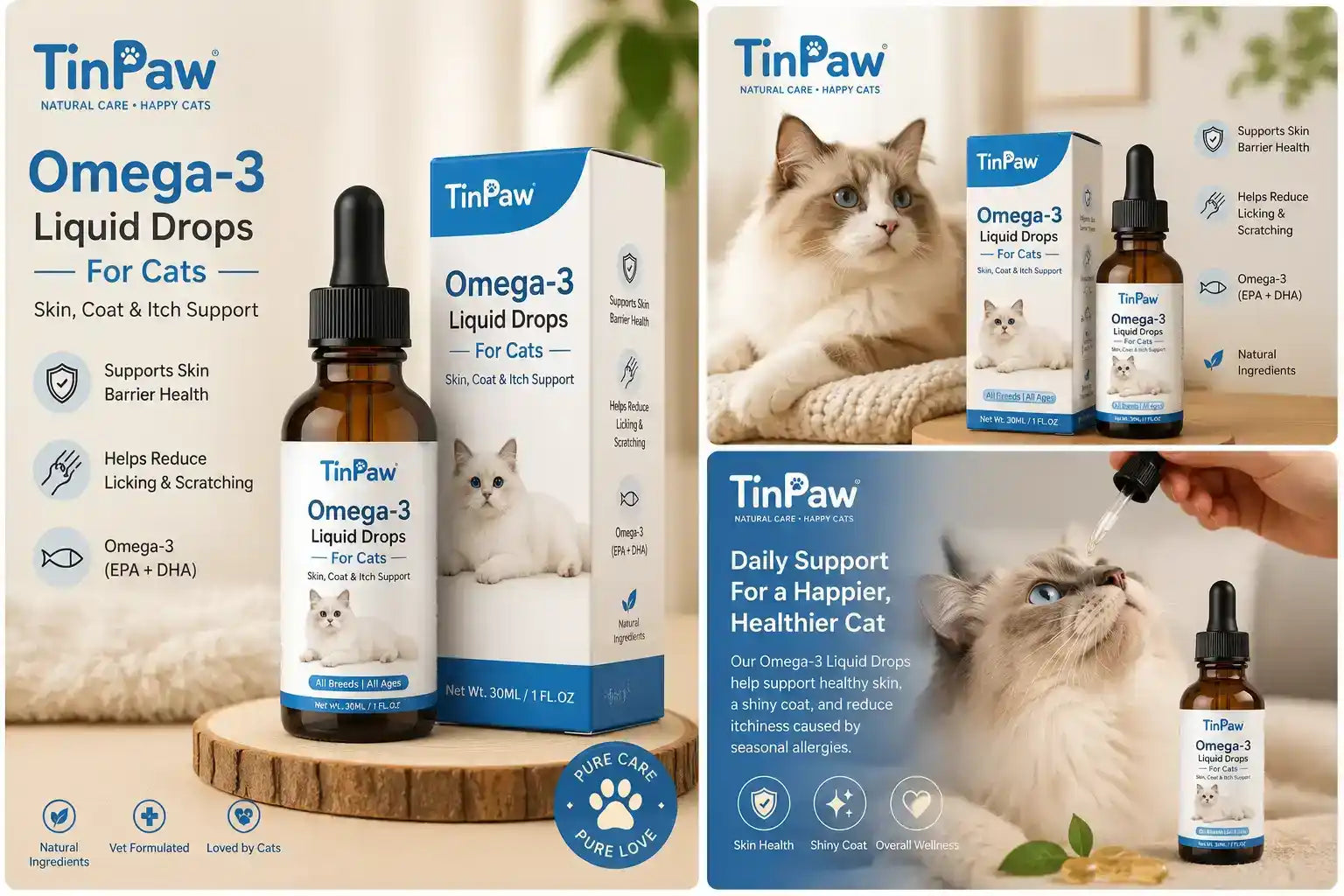 A collage-style product listing for TinPaw Omega-3 Liquid Drops for cats, showing the amber dropper bottle, retail box, and several lifestyle photos of cats in home settings. The layout includes marketing text such as 'Omega-3 Liquid Drops For Cats' and 'Daily Support For A Happier, Healthier Cat.