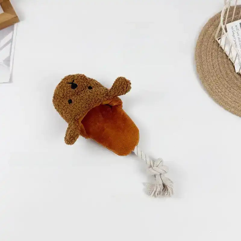 Plush Squeaky Dog Slipper Toy with Crinkle & Rope - Dog Toys - New