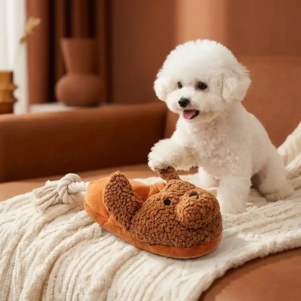Plush Squeaky Dog Slipper Toy with Crinkle & Rope - Dog Toys - New