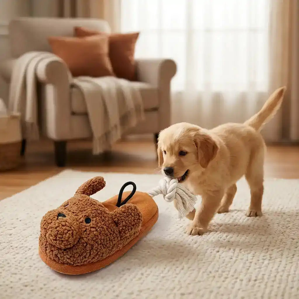 Plush Squeaky Dog Slipper Toy with Crinkle & Rope - Dog Toys - New