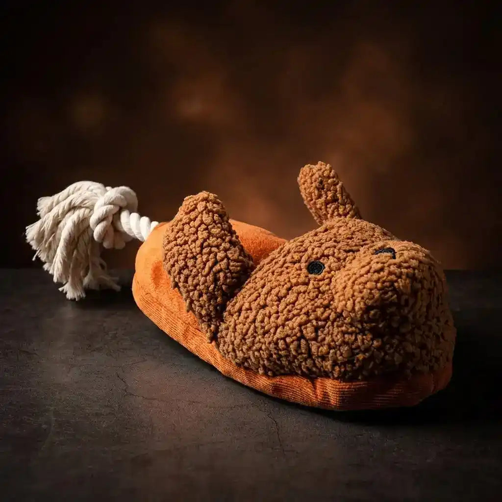 Plush Squeaky Dog Slipper Toy with Crinkle & Rope - Dog Toys - New